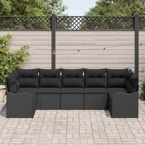 vidaXL Conjunto de sofá de jardín con cojín 7 pcs Negro Poliratán