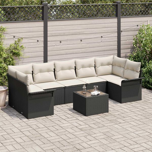 vidaXL Conjunto de sof&aacute; de jard&iacute;n 8 pcs Negro y crema rat&aacute;n sint&eacute;tico