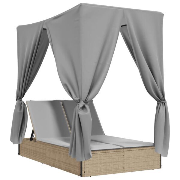 vidaXL Tumbona doble con techo y cortinas rat&aacute;n sint&eacute;tico beige