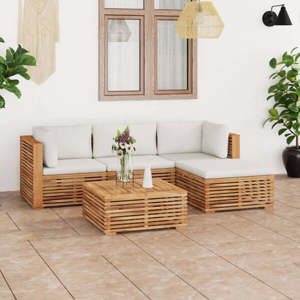 vidaXL Muebles de jard&iacute;n 5 piezas madera maciza teca con cojines crema