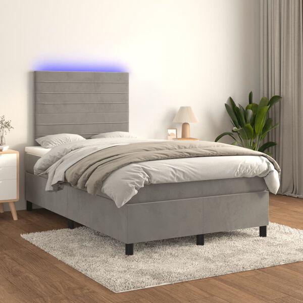 vidaXL Cama box spring colch&oacute;n y LED terciopelo gris claro 120x200 cm