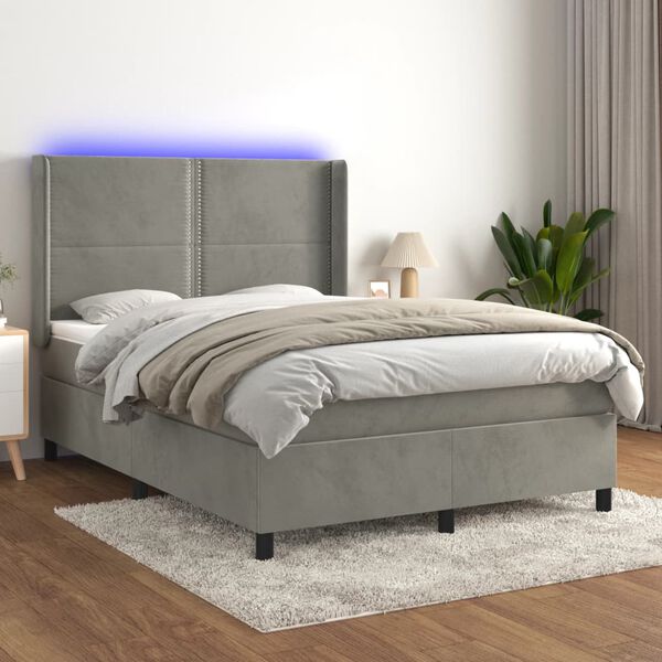 vidaXL Cama box spring colchón y LED terciopelo gris claro 140x190 cm