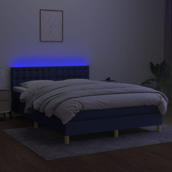 vidaXL Cama box spring colch&oacute;n y luces LED tela azul 140x190 cm