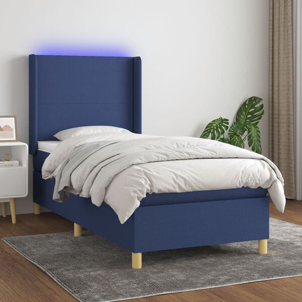 vidaXL Cama box spring colch&oacute;n y luces LED tela azul 80x200 cm