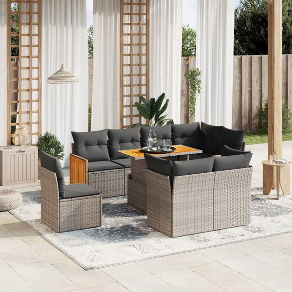 vidaXL Set de muebles de jard&iacute;n 9 pzas y cojines rat&aacute;n sint&eacute;tico gris