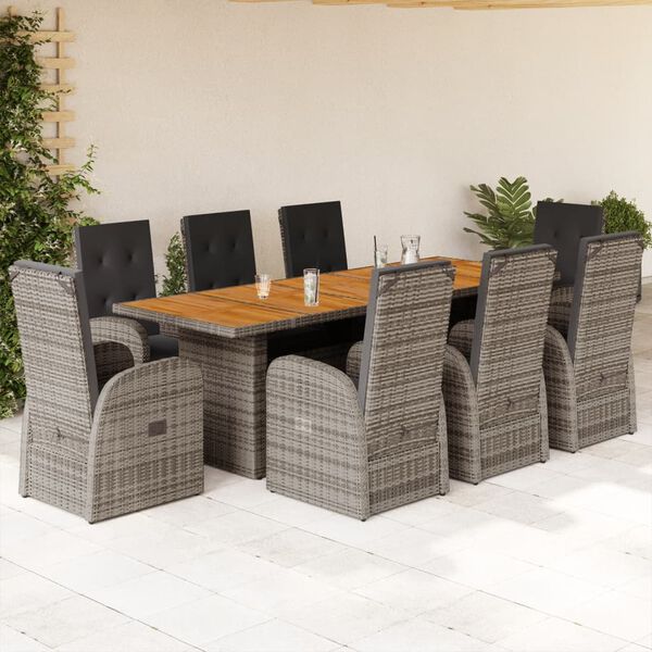 vidaXL Set comedor jard&iacute;n 9 pzas y cojines rat&aacute;n sint&eacute;tico gris