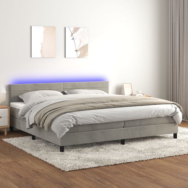 vidaXL Cama box spring colch&oacute;n y LED terciopelo gris claro 200x200 cm