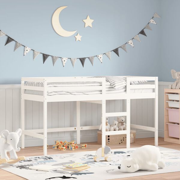 vidaXL Cama alta de ni&ntilde;os escalera madera maciza pino blanco 90x200 cm