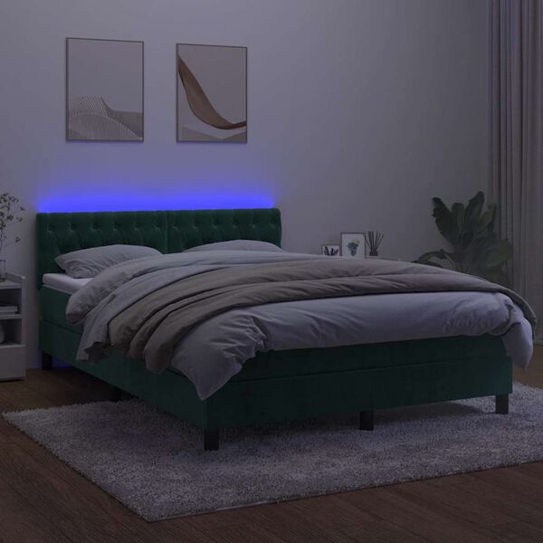 vidaXL Cama box spring colch&oacute;n y LED terciopelo verde oscuro 140x190cm