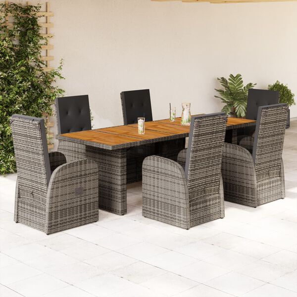 vidaXL Set comedor jard&iacute;n 7 pzas y cojines rat&aacute;n sint&eacute;tico gris