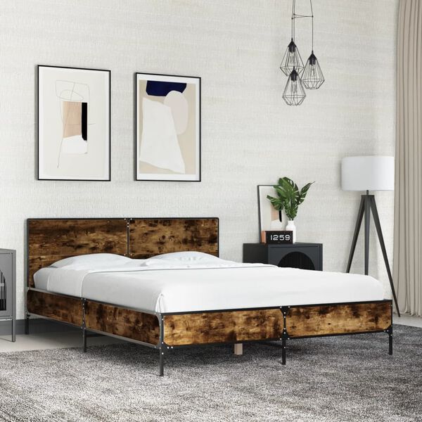 vidaXL Estructura cama madera ingenier&iacute;a metal roble ahumado 140x190cm