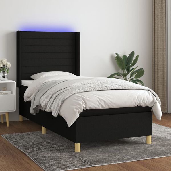 vidaXL Cama box spring colch&oacute;n y luces LED tela negro 90x190 cm