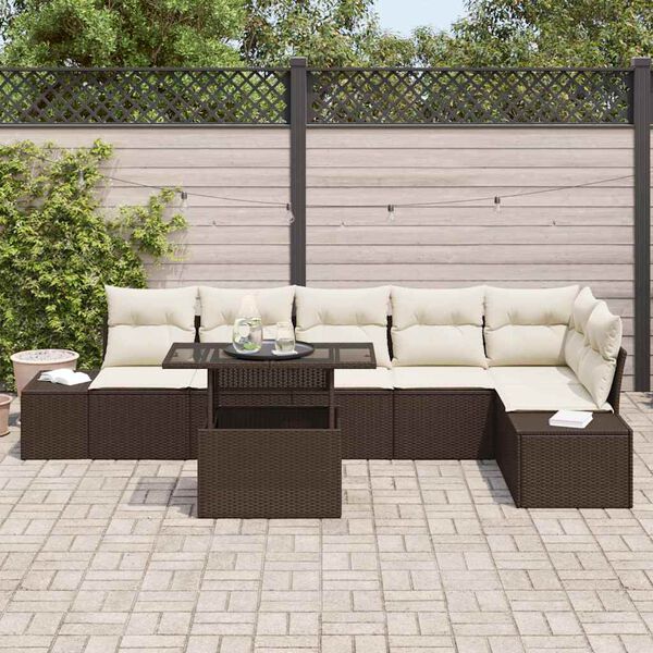 vidaXL Conjunto de sof&aacute; de jard&iacute;n 7 pcs Marr&oacute;n Polirat&aacute;n