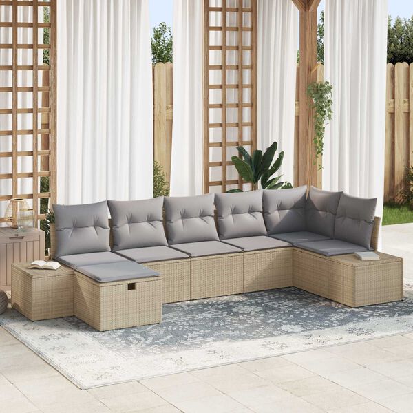 vidaXL Conjunto de sof&aacute; de jard&iacute;n 7 pcs Beige rat&aacute;n sint&eacute;tico