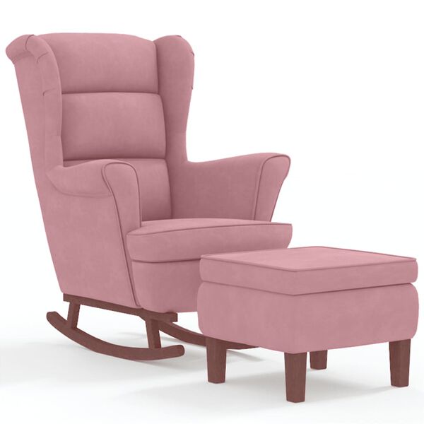 vidaXL Mecedora con respaldo alto de terciopelo rosa y madera maciza