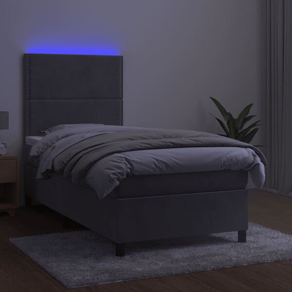 vidaXL Cama box spring colch&oacute;n y LED terciopelo gris claro 90x190 cm