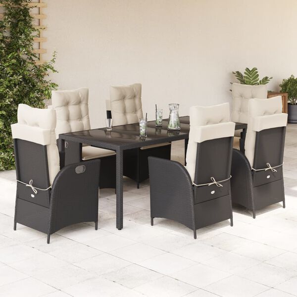 vidaXL Set de comedor de jard&iacute;n 7 pzas y cojines rat&aacute;n sint&eacute;tico negro