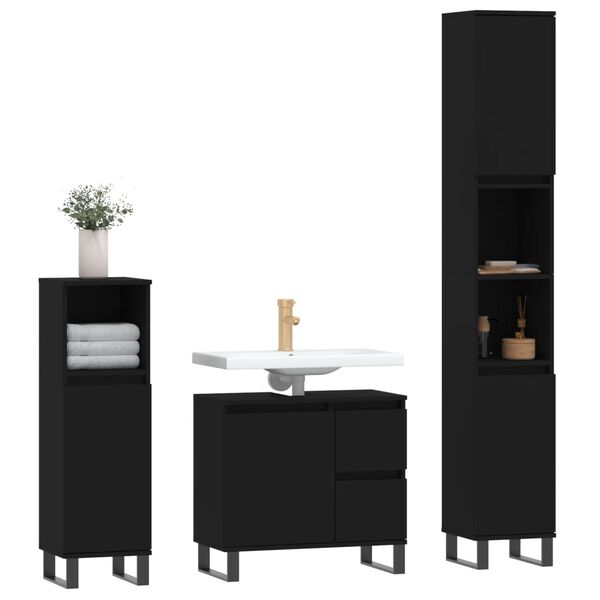 vidaXL Juego de muebles de ba&ntilde;o 3 pzas madera contrachapada negro