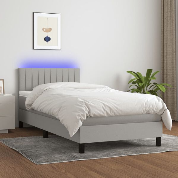 vidaXL Cama box spring colch&oacute;n y luces LED tela gris claro 90x200 cm