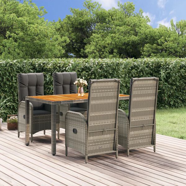 vidaXL Set comedor de jard&iacute;n 5 piezas con cojines rat&aacute;n sint&eacute;tico gris