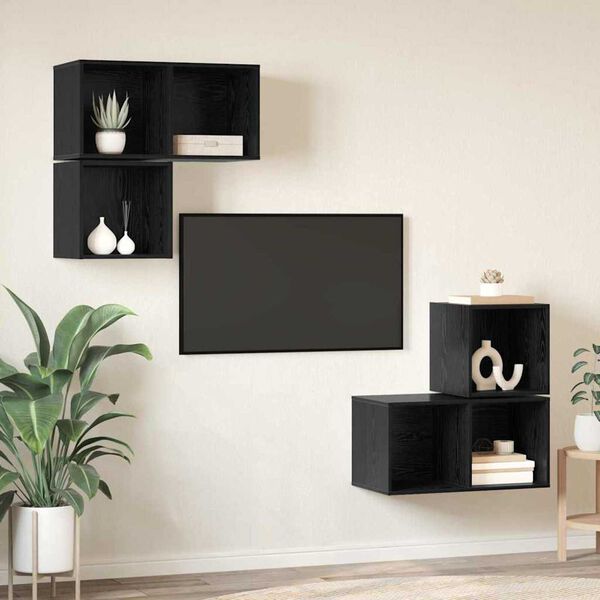 vidaXL Conjunto de mueble de TV 4 pcs Roble Negro Madera contrachapada