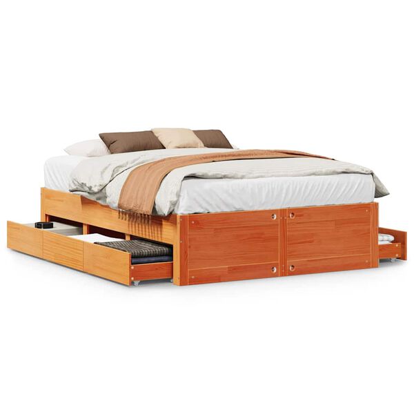 vidaXL Cama con cajones sin colch&oacute;n madera maciza marr&oacute;n 150x200 cm