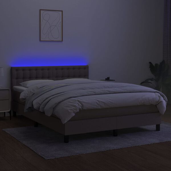 vidaXL Cama box spring colch&oacute;n y luces LED tela gris taupe 140x190 cm