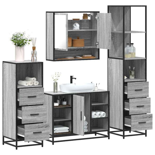 vidaXL Set de muebles de ba&ntilde;o 4 pzas madera contrachapada gris sonoma