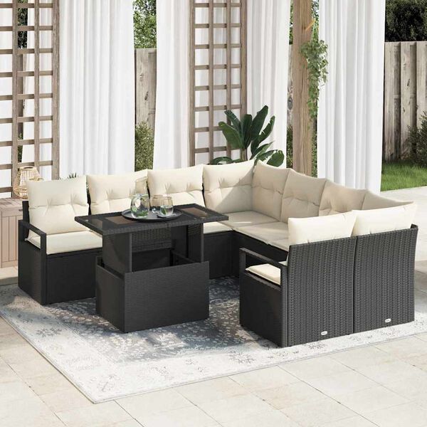 vidaXL Conjunto de sof&aacute; de jard&iacute;n 9 pcs Negro y crema rat&aacute;n sint&eacute;tico