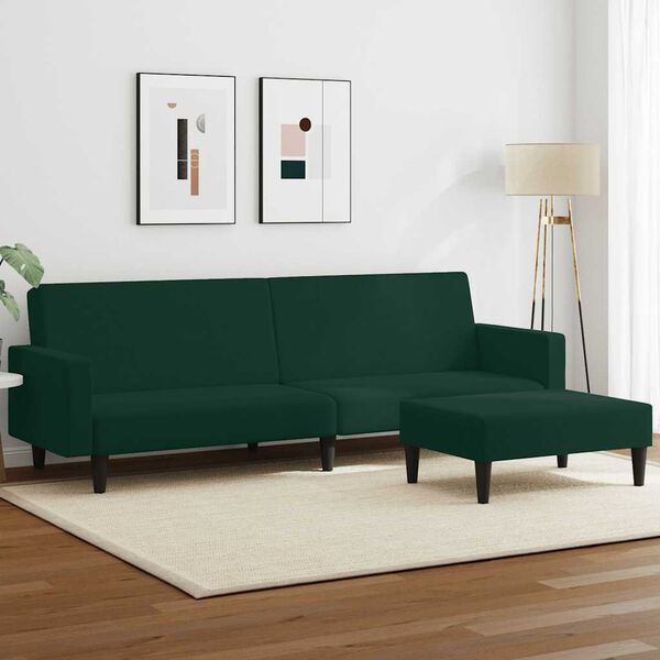 vidaXL Sof&aacute; cama de 2 plazas con taburete terciopelo verde oscuro