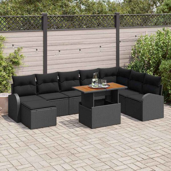 vidaXL Conjunto de sof&aacute; de jard&iacute;n 9 pcs Negro Polirat&aacute;n