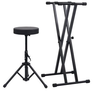 vidaXL Set de soporte para teclado con doble refuerzo y taburete negro