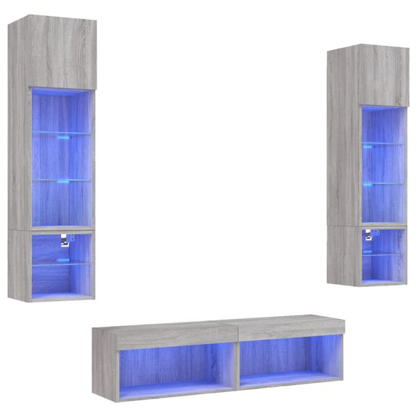 vidaXL Muebles TV pared con LED 6 pzas madera ingenier&iacute;a gris Sonoma