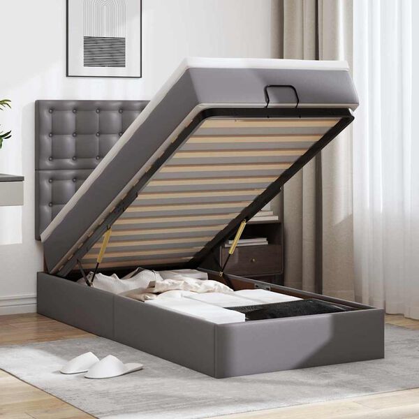 vidaXL Estructura cama otomana colch&oacute;n cuero sint&eacute;tico gris 90x190 cm