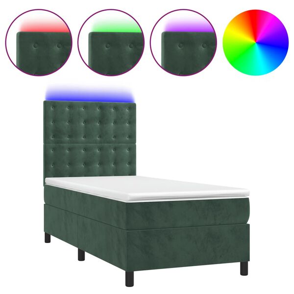 vidaXL Cama box spring colch&oacute;n y LED terciopelo verde oscuro 90x200 cm