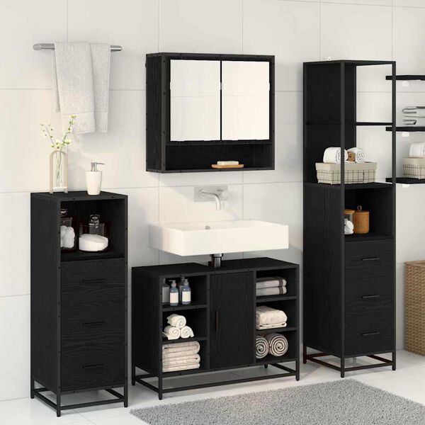 vidaXL Juego de muebles de ba&ntilde;o 3 pcs Roble Negro Madera de ingenier&iacute;a