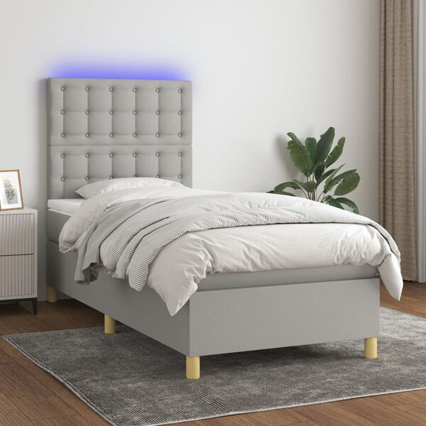 vidaXL Cama box spring colch&oacute;n y luces LED tela gris claro 90x200 cm
