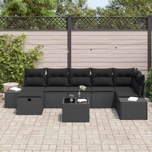 vidaXL Conjunto de sof&aacute; de jard&iacute;n 8 pcs Negro rat&aacute;n sint&eacute;tico