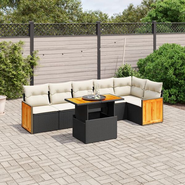 vidaXL Set de comedor de jard&iacute;n 7 pzas y cojines rat&aacute;n sint&eacute;tico negro
