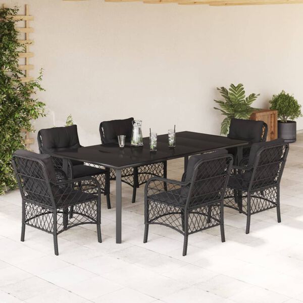 vidaXL Set de comedor de jard&iacute;n 7 pzas y cojines rat&aacute;n sint&eacute;tico negro