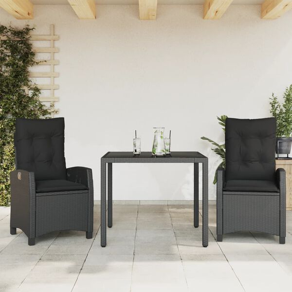 vidaXL Set comedor de jard&iacute;n 3 pzas con cojines rat&aacute;n sint&eacute;tico negro