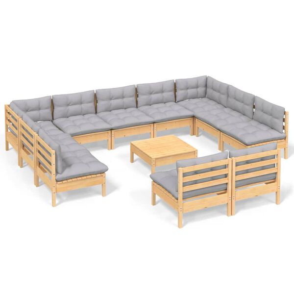 vidaXL Muebles de jard&iacute;n 12 pzas y cojines gris madera maciza de pino