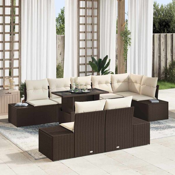 vidaXL Conjunto de sof&aacute; de jard&iacute;n 9 pcs Marr&oacute;n y crema rat&aacute;n sint&eacute;tico