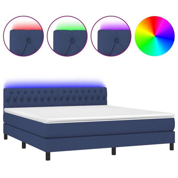 vidaXL Cama box spring colch&oacute;n y luces LED tela azul 160x200 cm
