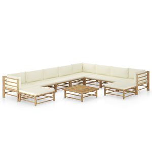 vidaXL Set de muebles de jard&iacute;n 11 piezas bamb&uacute; y cojines blanco crema