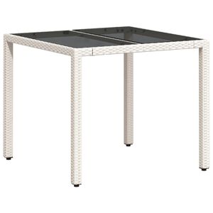 vidaXL Mesa de jard&iacute;n superficie de vidrio rat&aacute;n PE blanco 90x90x75 cm