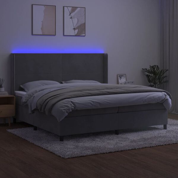 vidaXL Cama box spring colch&oacute;n y LED terciopelo gris claro 200x200 cm