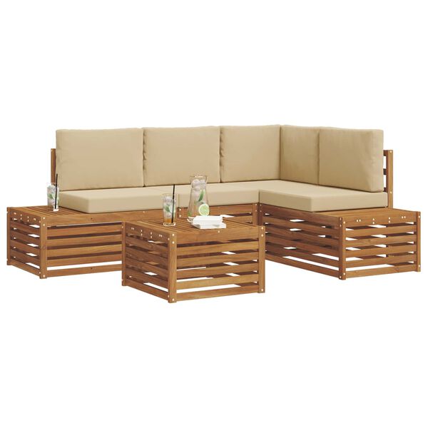 vidaXL Conjunto de sof&aacute;s de exterior con coj&iacute;n 5 Pieza Natural y Beige