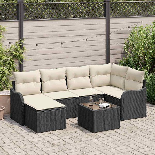 vidaXL Conjunto de sof&aacute; de jard&iacute;n con coj&iacute;n 7 pcs Negro Polirat&aacute;n
