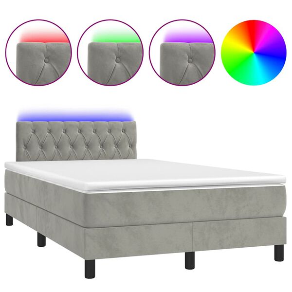 vidaXL Cama box spring colch&oacute;n y LED terciopelo gris claro 120x190 cm